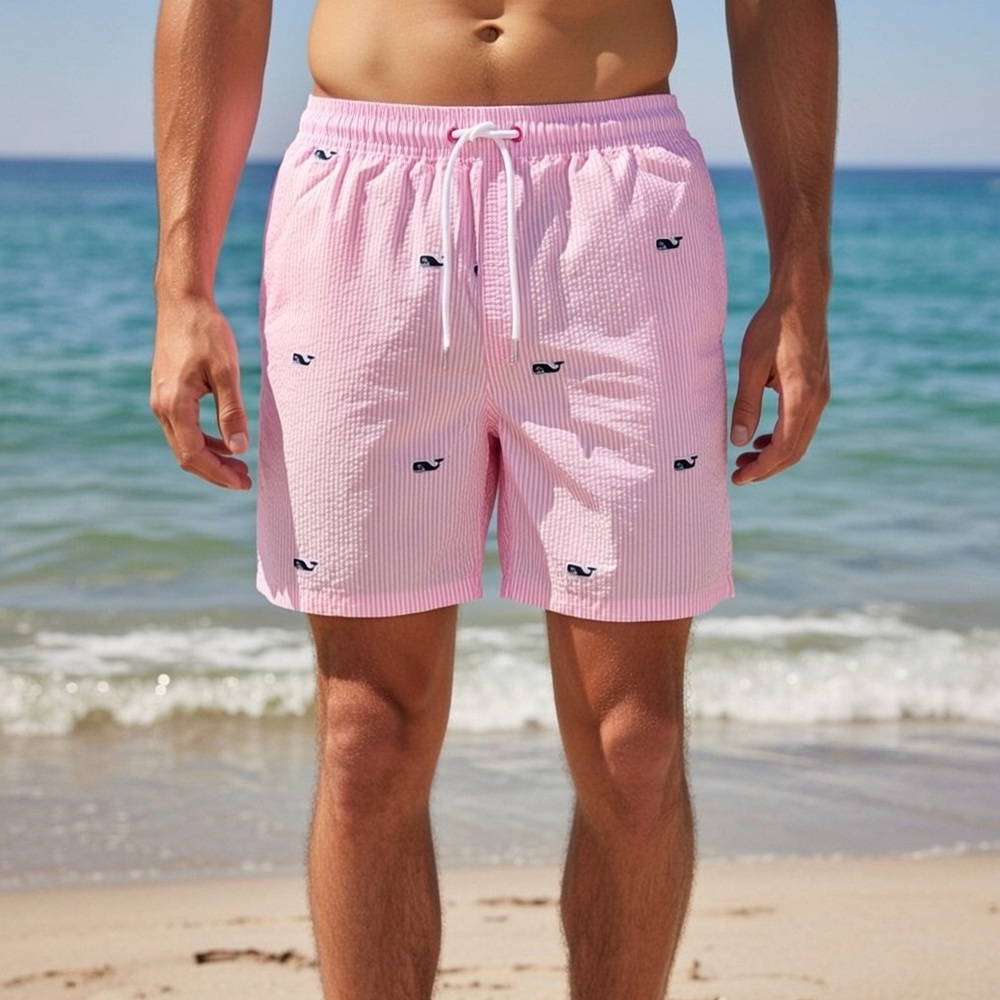 Vineyard Vines Pink Striped Swim Trunks Seersucker Whale Logo Pockets Drawstring